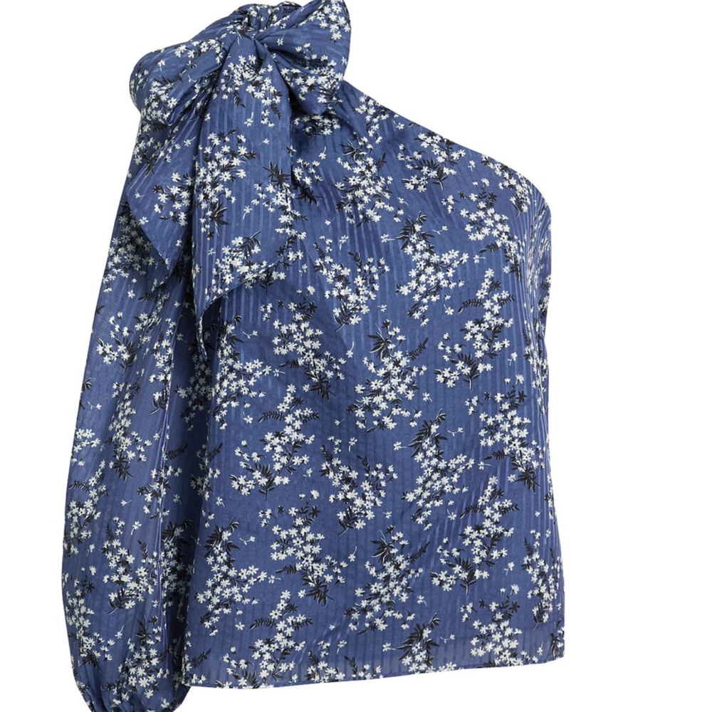 Ulla Johnson Blue Enid One Shoulder Floral Blouse With Bow Tie - Picture 3 of 11